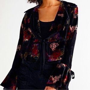 Free People Velvet Jacket with Red and Pink Floral Design